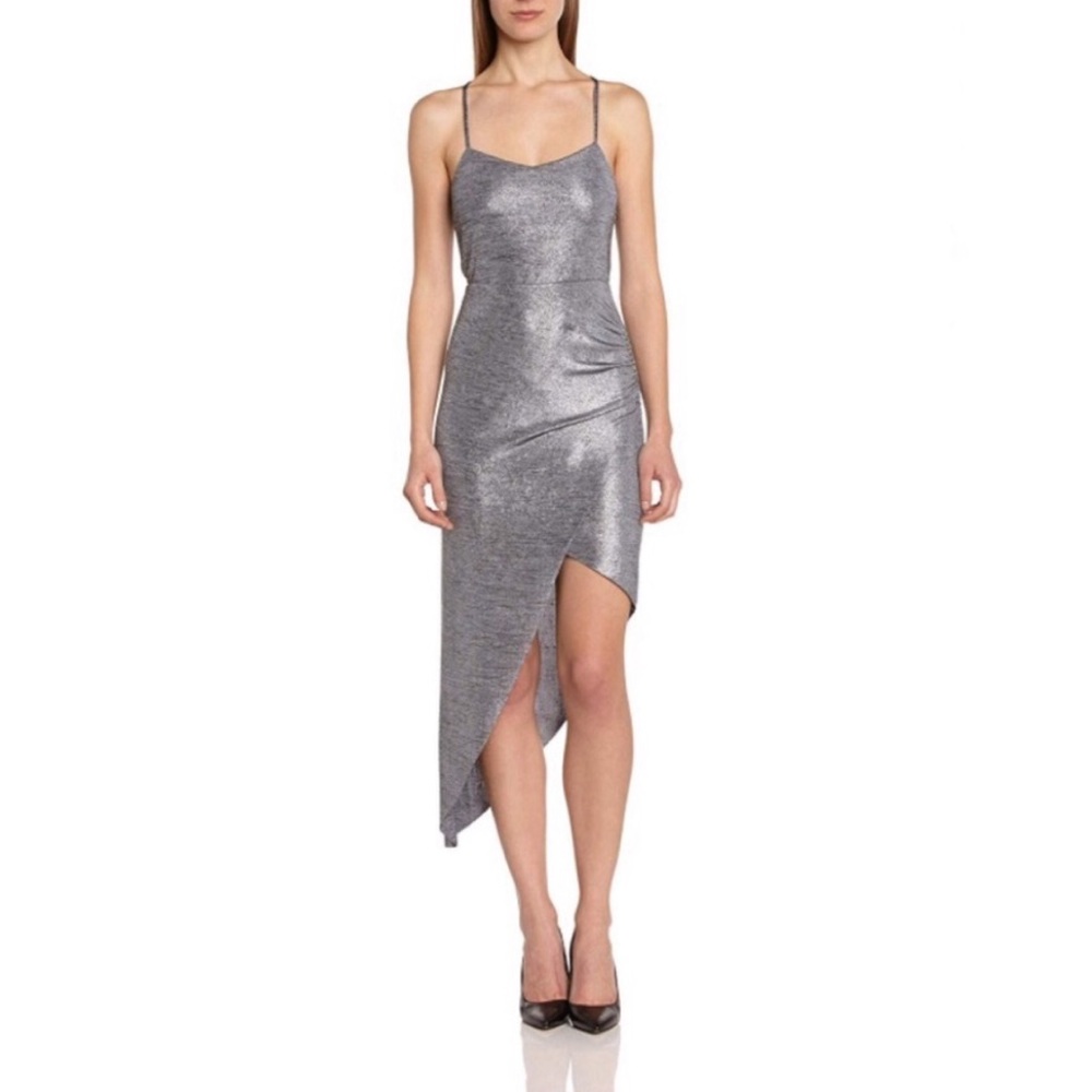 BCBGENERATION DRESS SILVER METALLIC CHROME GREY GRAY ASYMMETRICAL HEM